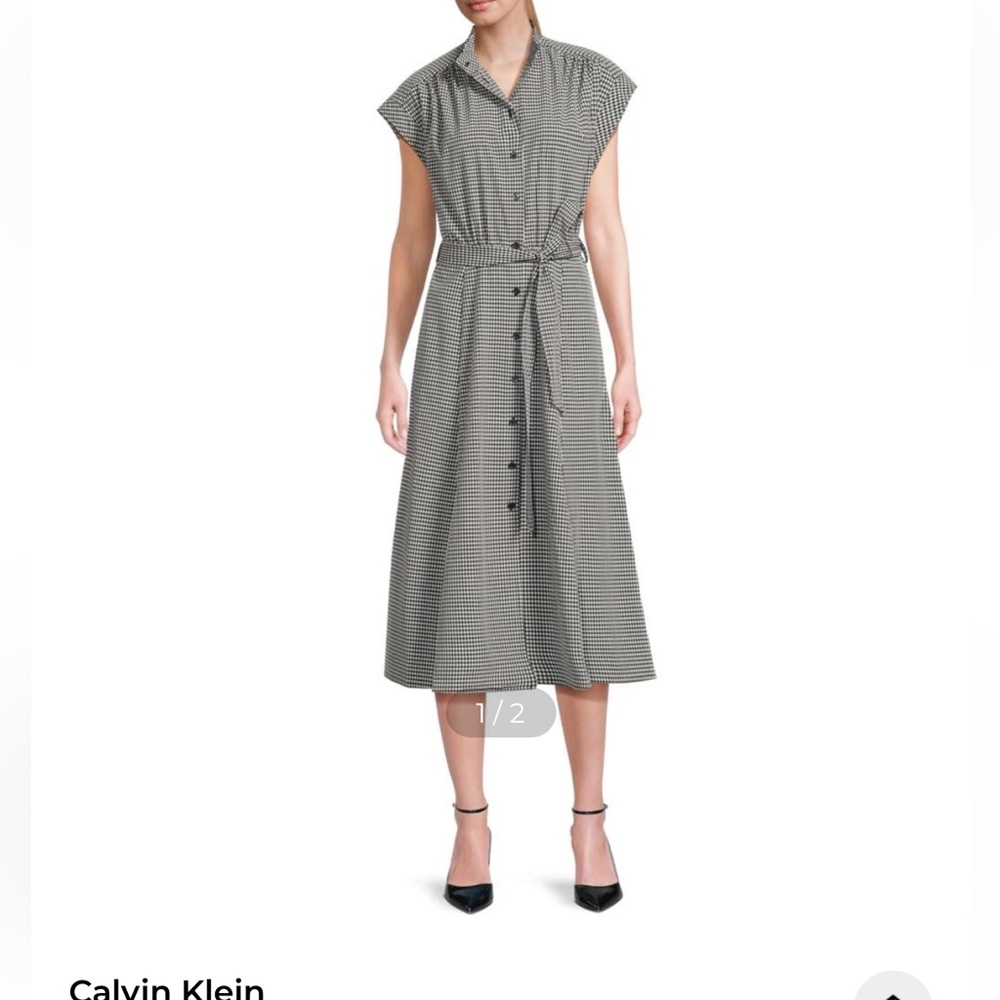 NWOT CALVIN KLEIN Midi Shirtdress Short Sleeve Black/White Gingham w/Belt 10 - Picture 6 of 16